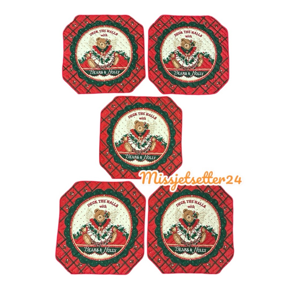 Set of 5 Vintage Holiday Red and Green Bear and Holly Cloth Placemats